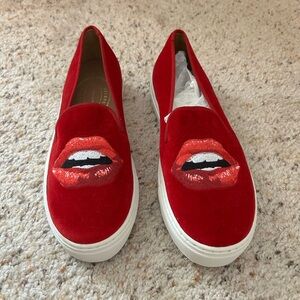 Stubbs & Wootton Embroidered Lips Velvet Slip-On Sneakers in Red/Pink, Size 10